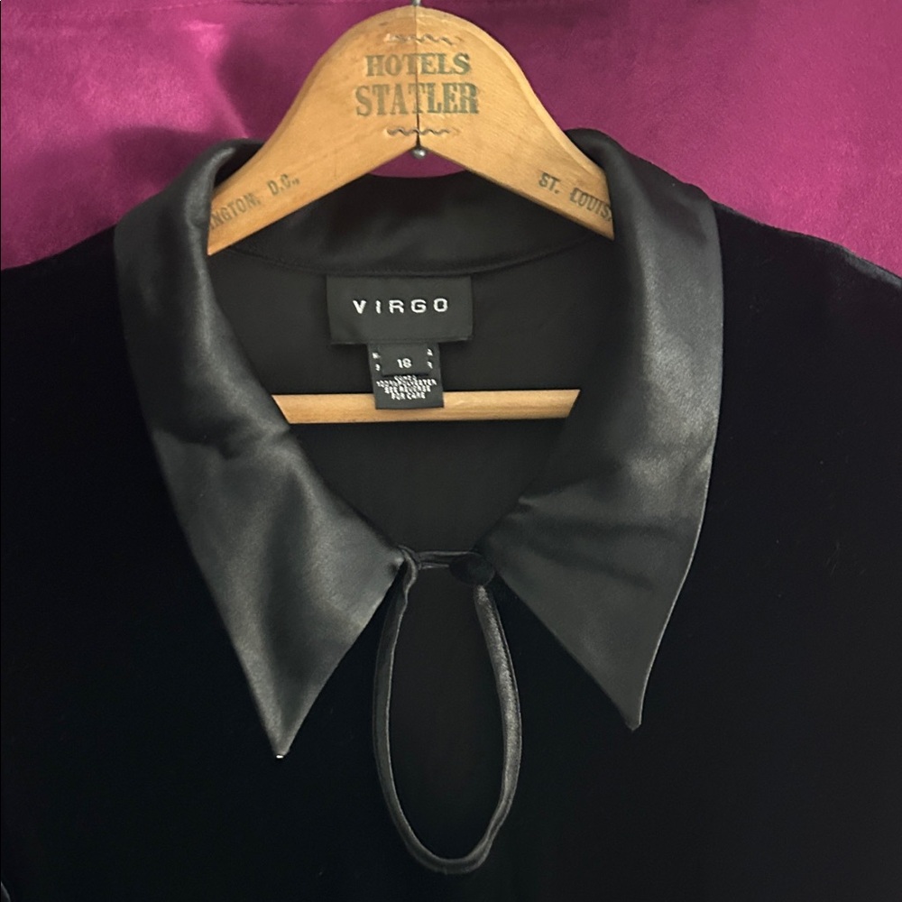 Virgo Black Velvet Blouse with Satin Tie Collar
